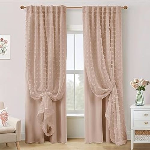 Neutral Peach Blush Pink Curtains for Baby Nursery Girl,Blackout Tufted Floral Embroidered Sheer Boho Nude Dusty Rose Curtains for Bedroom 2 Panels 84 Inches Long