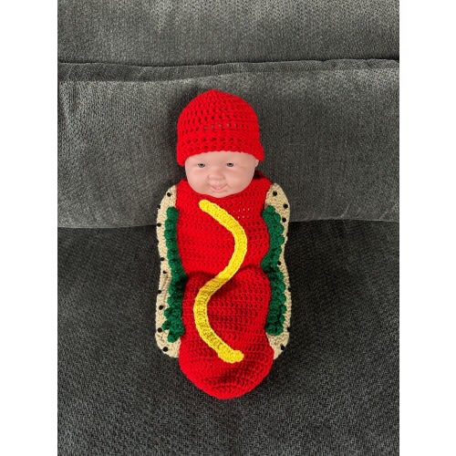Crochet (0-1M) Baby Hotdog Cocoon Set, Photo Prop, Costume, Baby Gift