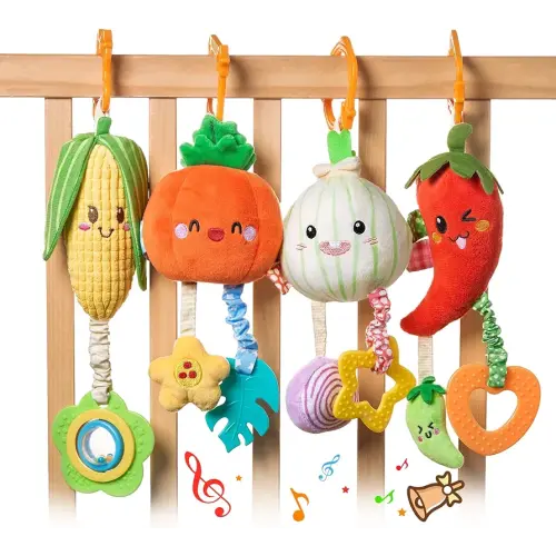 TUMAMA Hanging Vegetable Plush Toy Set, 4 Pack Vegetable Crib Stroller Toys, Early Baby Cognitive Sensory Rattle Hanging Toy with Teether. Suitable for Babies 0, 3, 6, 9, 12 Months
