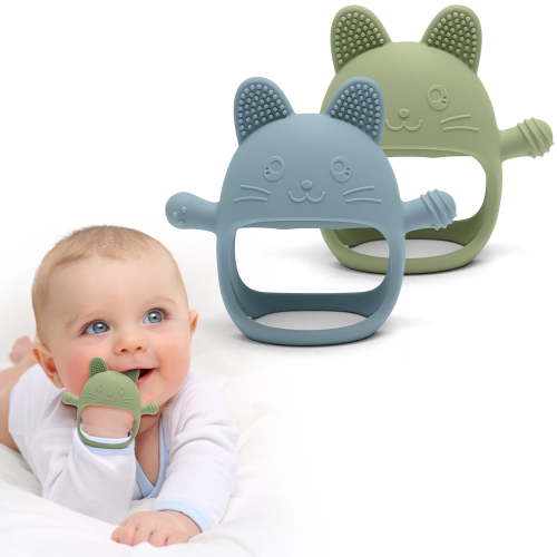 HippoBaby Baby Teether 2-Pack – Rabbit Shaped Hand Guard Silicone Teething Toys for Babies – BPA-Free, Food Grade, CPC Certified – Soft, Easy Grip Infant Teethers for 3–6 Months