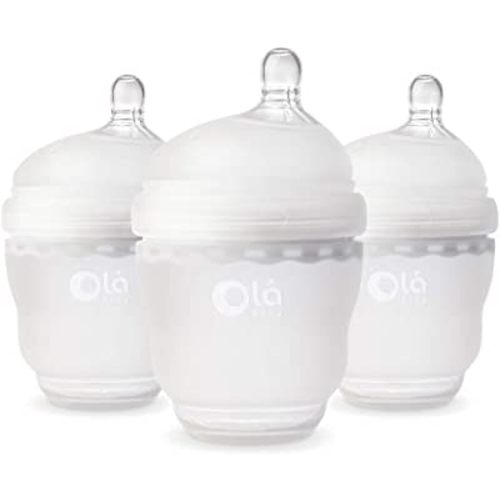 Olababy Gentle Silicone Baby Bottle, Anti-Colic, BPA Free, Easy to Clean and Wide Neck Baby Bottles Best for Breast Feeding Babies 3 Piece Set (4 Ounce, Frost)