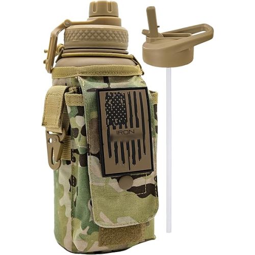 Iron Infidel Battle Bottle - 32 Oz Insulated Water Bottle with Straw Lid & Chug Cap, Stainless Steel Metal Tactical Flask With Rugged, Removable Sleeve for Keys & Phone or Wallet (OCP Camo 1 Liter)