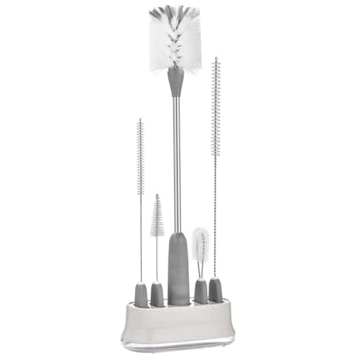 ALINK 5 Pack Water Bottle Brush Cleaning Set with Holder, Bottle Cleaner with Stand, Straw Nipple Lid Brush for Stanley Tumblers, Drinking Glass, Baby Bottles, Jugs - Gray