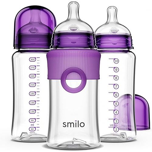 Smilo Baby Bottle Set with Stage 0 Slow Flow Anti Colic Nipple, 10 Oz / 300 ml Capacity, 3X Pack of Anti Colic Baby Bottles 0-3 Months - Plum Purple