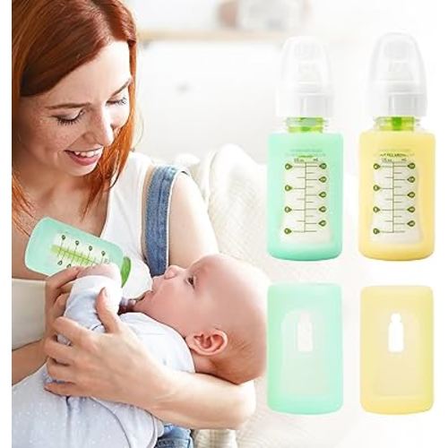 4PCS Silicone Baby Bottle Sleeves for Dr. Brown Bottles 4 oz, Silicone Bottle Covers Replacement for Dr. Brown Glass Bottles, Narrow Sleeve with a Cutout, Dishwasher/Freezer/Microwave Safe