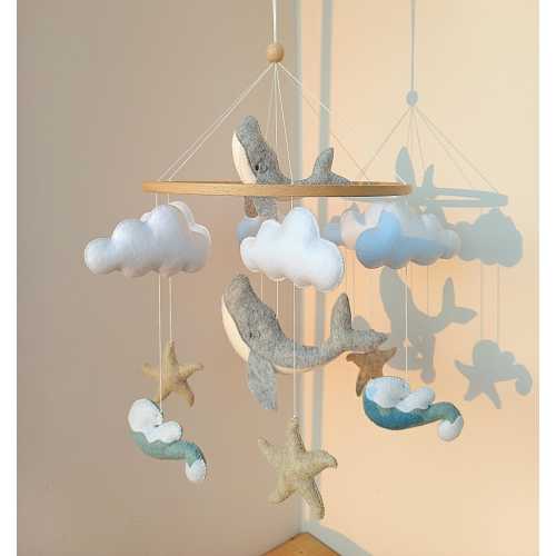 Whale baby mobile for boy or girl. Felt hanging crib. Ocean nursery decor.