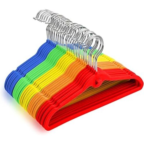 Pack of 30 Kids Velvet Hangers, Non-Slip Space-Saving with Cascading Mini Hooks, Rainbow Colors (Red, Orange, Yellow, Green, Blue) Baby and Toddler Clothes Organization