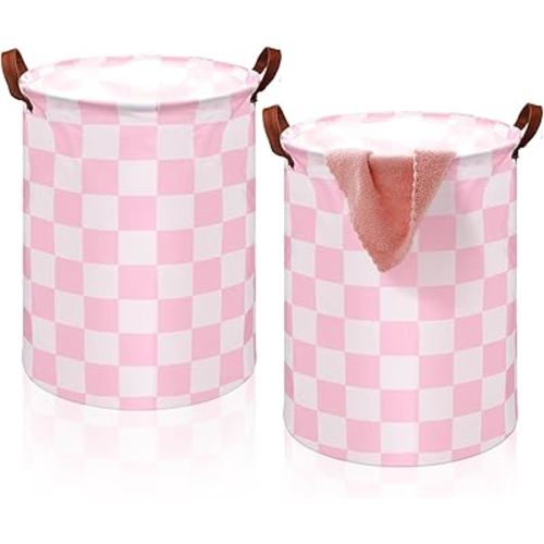 2 Pcs Pink Gingham Laundry Basket Checked Storage Basket for Girls Nursery Hamper with Handles Foldable Waterproof Collapsible Storage Bin Organizer for College Dorms Bathroom (Checkered)