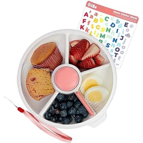 GoBe Kids Large Snack Spinner Slide Bundle with Hand Strap and Sticker Sheet - Reusable Snack Container with 4 Compartment Dispenser and Lid | BPA/PVC Free | Dishwasher Safe | No Spill - Coral Pink