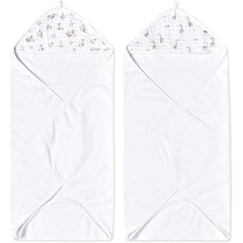 aden + anais Essentials Hooded Baby Bath Towel, Super Soft 100% Cotton, 2 Pack, Country Floral