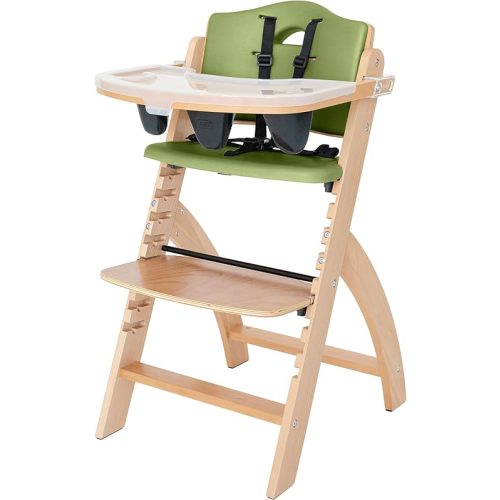 Abiie Beyond Junior Wooden High Chair with Tray - Adjustable and Convertible High Chair for Babies and Toddlers - 6 Months to 250 Lb - Water Resistant - Natural Wood with Olive Cushion