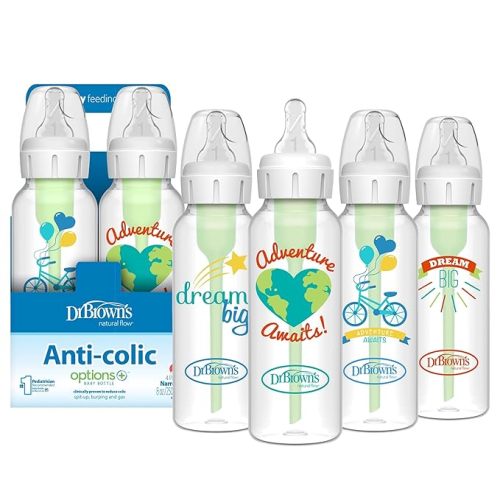 Dr. Brown's Natural Flow Anti-Colic Options+ Narrow Baby Bottle, 8 oz/250 mL, with Level 1 Slow Flow Nipples, 0m+, 4 Pack