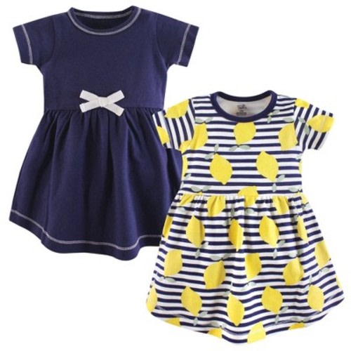 Touched by Nature Baby and Toddler Girl Organic Cotton Short-Sleeve Dresses 2pk, Lemons, 3-6 Months