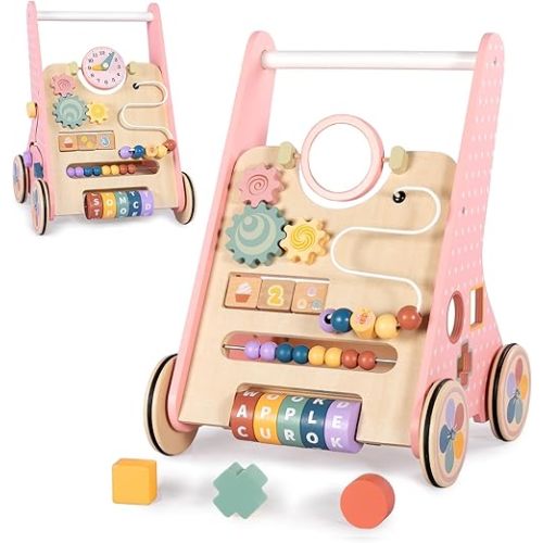 Wooden Baby Walker, Push Walker for Baby Girl 6-12 Months, Montessori Walker Push Toy for Toddlers Learning to Walk