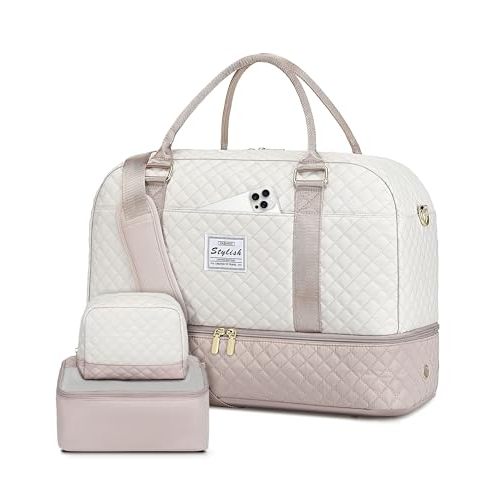Travel Duffle Bag Weekender for Women: Travel Duffel Bag Carry-On Overnight Bag with Shoe Compartment & Wet Pocket Large Weekend Tote Bag withGym Duffel Bag for Hospital Beige