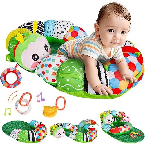 3-in-1 Tummy Time Pillow for Baby 0-6 Months, Detachable Caterpillar Tummy Time Playmat for Newborns, Soft Baby Toys 0-3-6-12 Months, Play Mat for Babies Boy Girl
