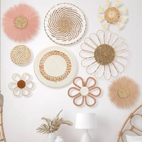 Chunful 9 Pcs Boho Nursery Wall Decor Daisy Flower Woven Macrame Seagrass Rattan Basket Wall Hanging Bohemian Decorations Gifts for Home Dorm Art Farmhouse Bedrooms Living Room(Pink Brown)