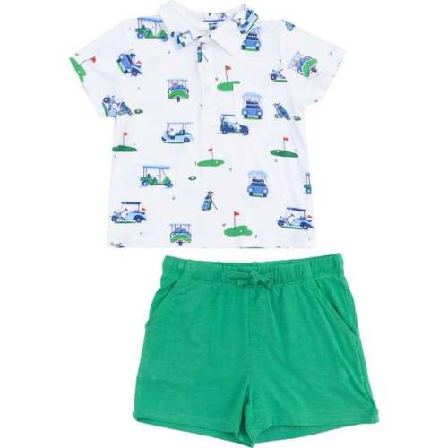 Polo Shirt & Short Set - Vintage Golf Carts, Blue - Angel Dear | Maisonette