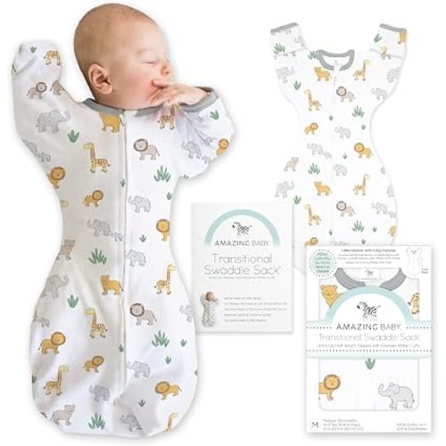 Amazing Baby Transitional Swaddle Sack, Arms Up Half-Length Sleeves & Mitten Cuffs, Swaddle for Newborn Transition to Baby Sleep Sack Wearable Blanket, Small, 0-3 Month, 6-14 lb, On Safari