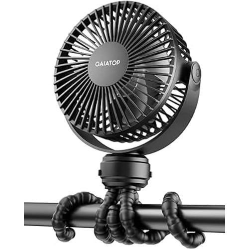 Gaiatop Mini Portable Stroller Fan, Battery Operated Small Clip on Fan, Detachable 3 Speed Rechargeable 360° Rotate Flexible Tripod Cooling Fan for Car Seat Crib Treadmill Travel Black