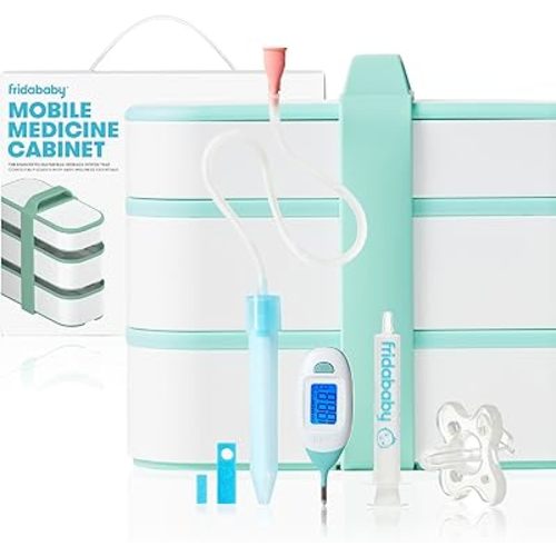 Frida Baby Mobile Medicine Cabinet Travel Kit, Baby Essentials Gift Set Includes NoseFrida Snotsucker, Rectal Thermometer, MediFrida Medicine Dispenser with Portable Carrying Case