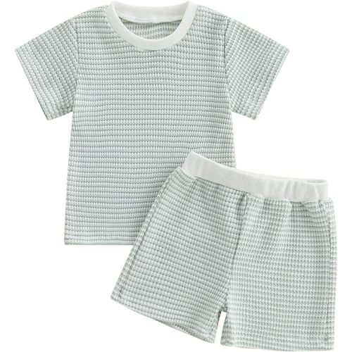 VISGOGO Baby Boy Girls Toddler Summer Outfit Striped T-shirt Toddler Boy Summer Clothes 6 12 18 Months 2 3 4 5 T Short Set
