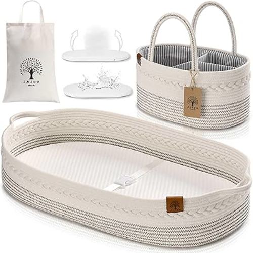 Baby Changing Basket Includes Diaper Caddy - Breathable & Waterproof Dual-Cover, Portable, Changing Pad for Dresser & Changing Table, Gift for Baby Shower, Cotton Rope Basket for Baby