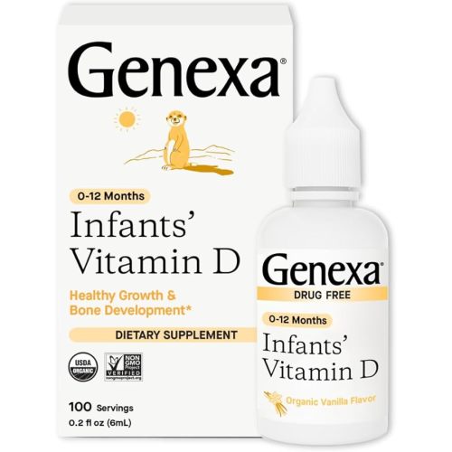 Genexa Infants Vitamin D Liquid Drops for Newborn, Baby & Toddler | Supports Growth & Bone Development | Delicious Organic Vanilla Flavor | Certified Organic, Gluten Free, & Non-GMO | 90 Servings