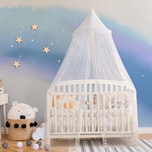 Canopy for Kids Bed, Crib Canopy with Dome, Elegant Net Hanging Fairy Girl Bed Canopy Princess Room Decoration Reading Nook Corner Curtain Fits Full Crib, Twin, Queen Play Castle Tent - Sparkle Sequin