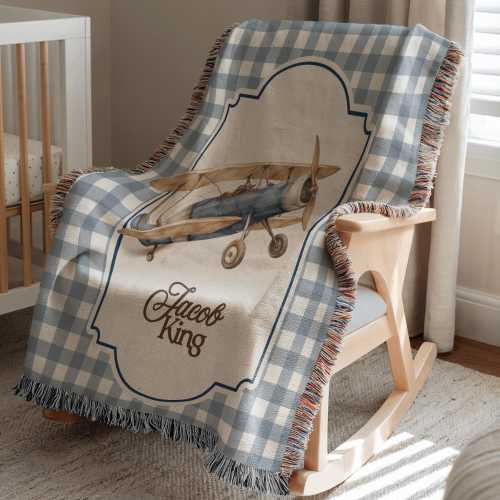 Personalized Vintage Airplane Baby Blanket Custom Name Cotton Nursery Decor Vintage Aviation Nursery Theme Airplane Baby Gift For Newborn