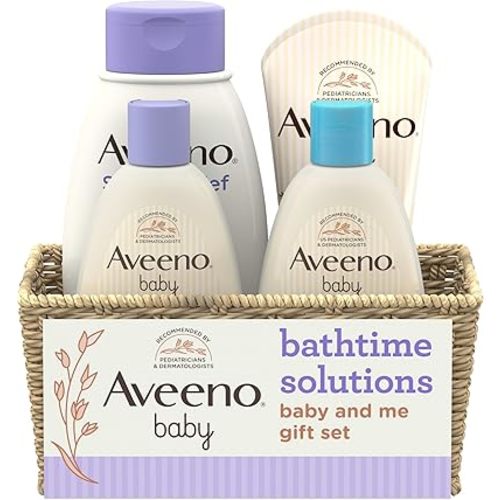 Aveeno Baby Bathtime Solutions Baby & Me Gift Set with Baby Wash & Shampoo, Calming Baby Bath, Baby Daily Moisturizing Lotion & Stress Relief Body Wash for Mom, Oatmeal, 4 Items