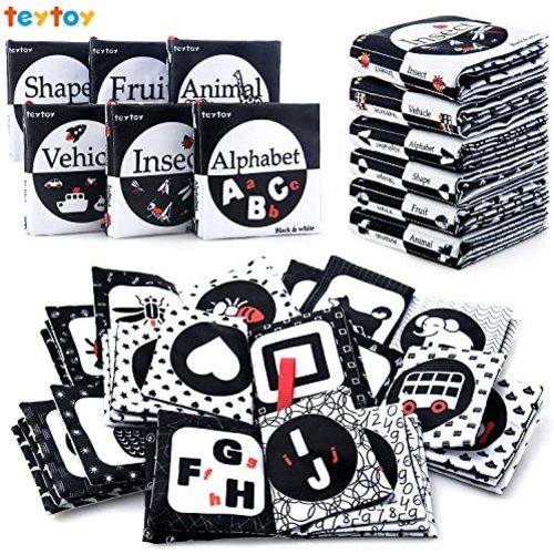 teytoy My First Soft Book, 6 PCS Nontoxic Fabric Baby Cloth Activity Crinkle Soft Black and White Books for Infants Boys and Girls Early Educational Toys Perfect for Baby Shower