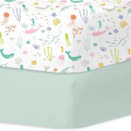 Little Grape Land Crib Sheets for Boys Girls, 2 Pack Crib Sheets Fitted Size 28"x 52" for Standard Crib and Toddler Mattresses, Soft Breathable Microfiber, Ocean World/Mint Green