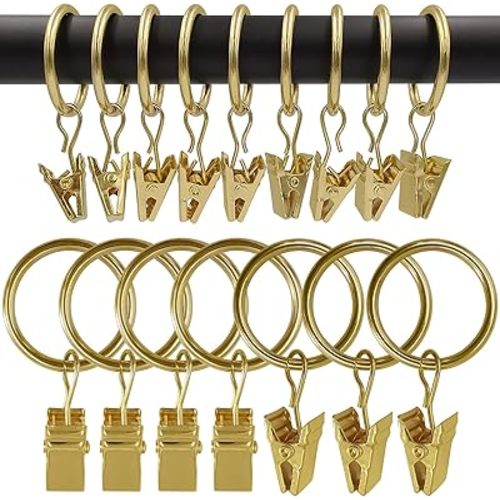 100 Pack Metal Curtain Rings with Clips, Drapery Clips with Rings, Drapes Rings 1 in I D, Fits Diameter 6/8 in Curtain Rod, Gold Color