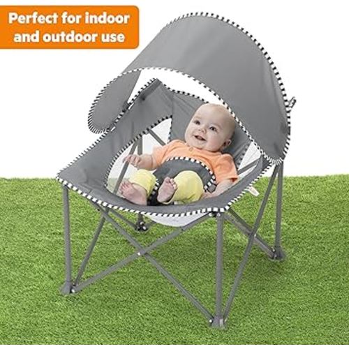 Bright Starts Pop 'N Chill Travel Seat, Indoor/Outdoor Use, Infant Seat with UPF 50+ Canopy, Grey, Ages 0-6 Months