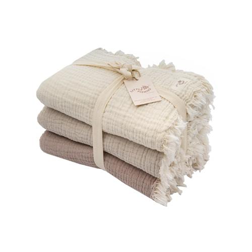 Little Fishies Gauze Receiving Blanket Set - 3 Pack - Natural / Beige / Warm Taupe