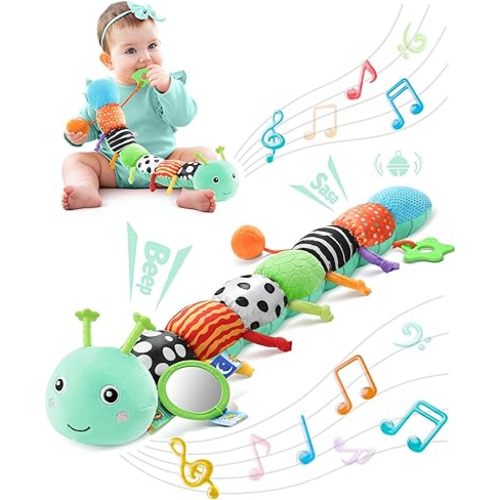 LIGHTDESIRE Baby Toys 6-12 Months Musical Caterpillar,Infant Toys 0-6 Months Sensory Toy with Ruler Design,Mirror,Pull String,Crinkle&Rattles,Baby Teething Toy for Tummy Time Boy Girl Gifts (Ice Blue)