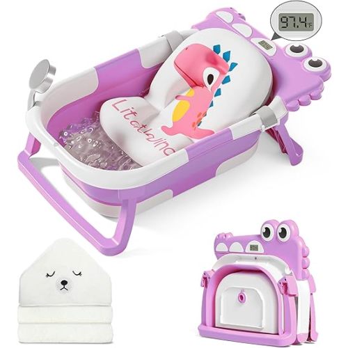 MoreFeel Collapsible Baby Bathtub for Newborn with Thermometer & 1 Hooded Towel & 1 Soft Floating Cushion,Portable Travel Bathtub with Drain Hole, Durable Foldable Baby Tubs for Infants to Toddler