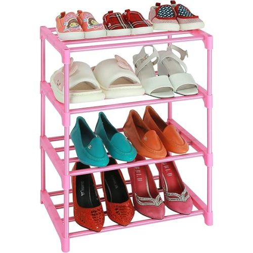 LNYZQUS Small Kids Shoe Rack, 4 Tier Pink Shoe Organizer Shoe Shelf for Closet,Stackable Narrow Shoe Stand Slim Zapateras Organizer,Cute Toddler Shoe Rack Floor for Women & Girls-Full Pink