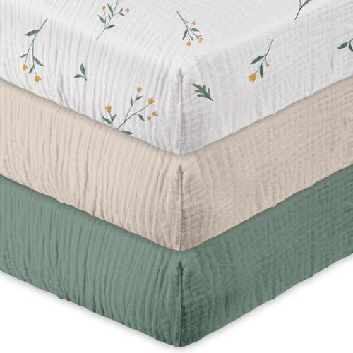 "GLLQUEN BABY Muslin Cotton Mini Crib Sheets, Pack N Play Fitted Sheets, 3-Pack Leafy Green, 38""x26"