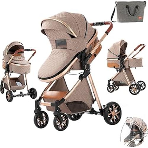 2 in 1 Baby Stroller with Bassinet, Reversible Newborn Foldable Pram, Infant High Landscape Pushchair, Portable Standard Stroller, Reclining Buggy, Baby Carriage (2USV9-KHAKI)