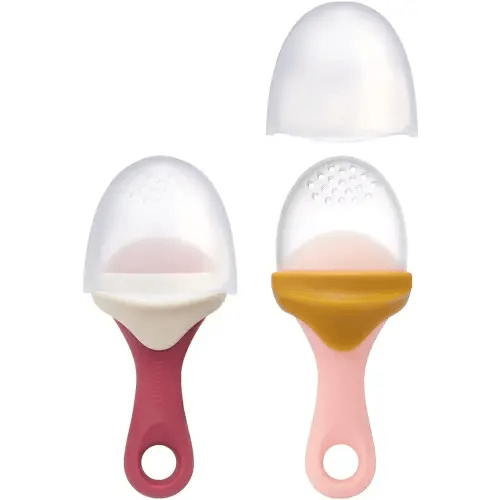 Boon Pulp Silicone Baby Fruit Feeder - Soft Silicone Baby Feeding Set - Fruit and Vegetable Baby Led Weaning Supplies - Baby Feeding Essentials - Orange/Mauve and White/Mauve- 2 Count