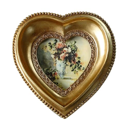 PYOAGT Vintage 2.5X2.5 Mini Picture Frame - Antique Gold Embossed Design, Elegant Tabletop and Wall Mount Display for Cherished Photo Home Decor (Gold Heart)