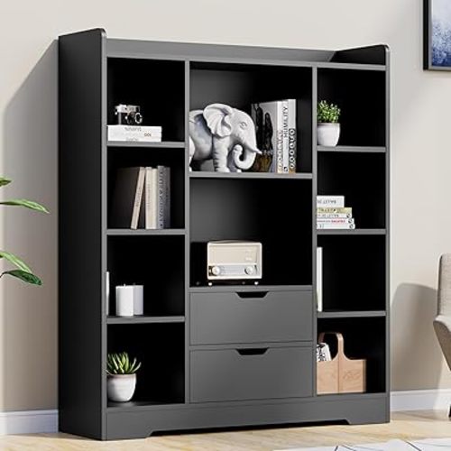 Cozy Castle Kids Bookshelf with Storage, Toy Storage Organizer with 2 Drawers and 10 Cubes 4-Tier Bookcase for Bedroom, Playroom, Hallway, Living Room(Black)