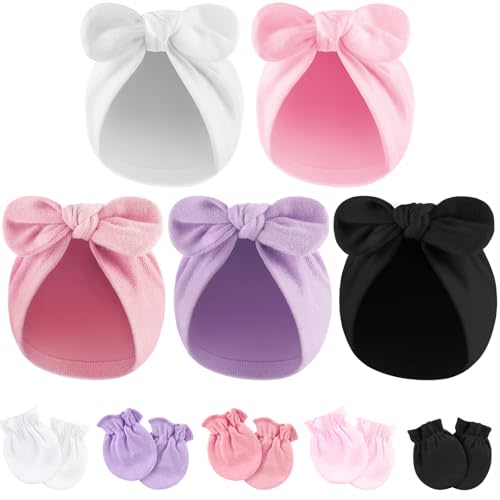BQUBO Baby Turban Hats and Mittens Set Newborn Infant Hospital Hats Caps with Bows for Baby Boys Girls 0-12 Months
