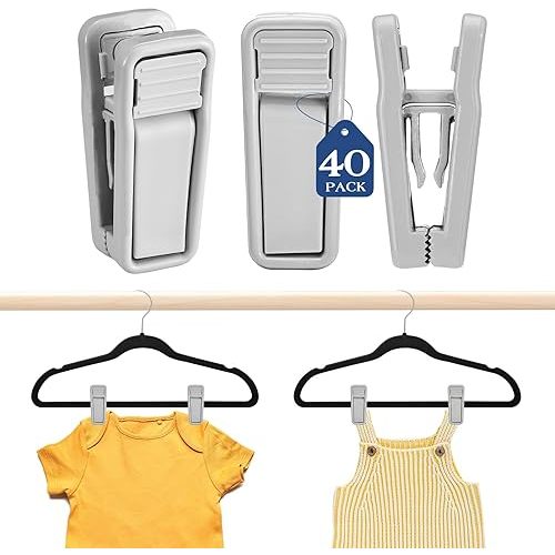 HOUSE DAY Plastic Hanger Clips for Baby Clothes, Strong Plastic Clips for Hangers, Multi-Purpose Hanger Clips for Velvet Hangers & Slimline Hangers, Hanger Clips for Pants, Skirts, Shorts (40, Gray)