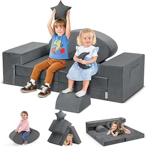 Kidirect Modular Kids Play Couch, 400+ DIY Convertible Foam Sofa for Playroom with Star Moon Pillow - Toddler Rocking Horse & Fort Building Kit (Grey, Washable)
