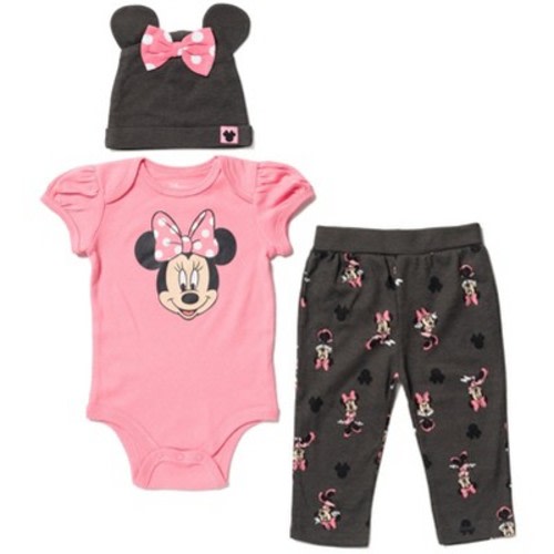 Mickey Mouse & Friends Minnie Mouse Newborn Baby Boy or Girl Bodysuit Pants and Hat 3 Piece Outfit Set 0-3 Months