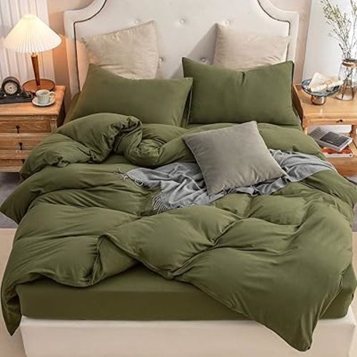 PURE ERA Jersey Knit Duvet Cover Set 100% T-Shirt Cotton Super Soft Comfy 3pc Bedding Set with Zipper Closure (Solid Olive Green, Cal King)