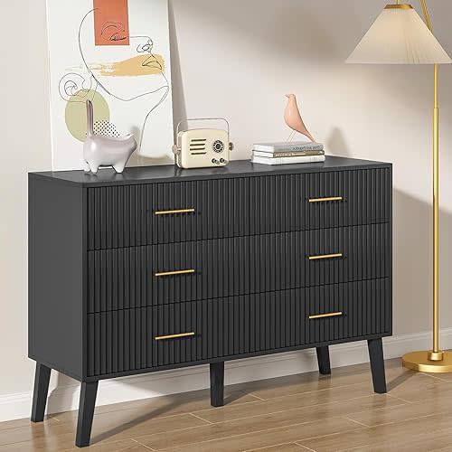 Accent 6 Drawer Dresser, Modern Closet Dressers Chest of Drawers with Fluted Panel, Living Room Bedroom Nursery Entryway and Hallway (Black)